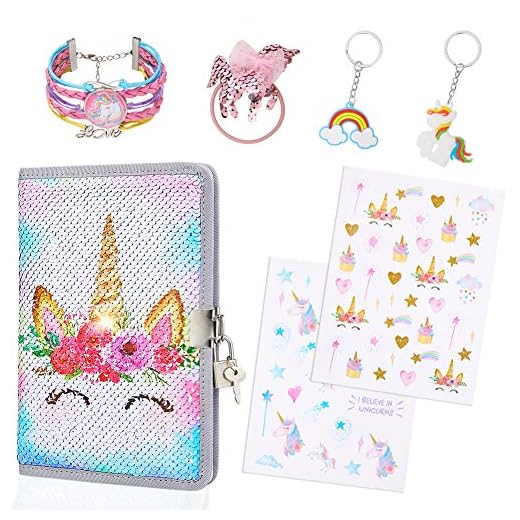 MHJY Unicorn Gifts Notebook for Girls Sequin Unicorn Journal Diary with Lock/Unicorn Bracelet/Hair Ties/Keychain/Stickers,White Flower Unicorn