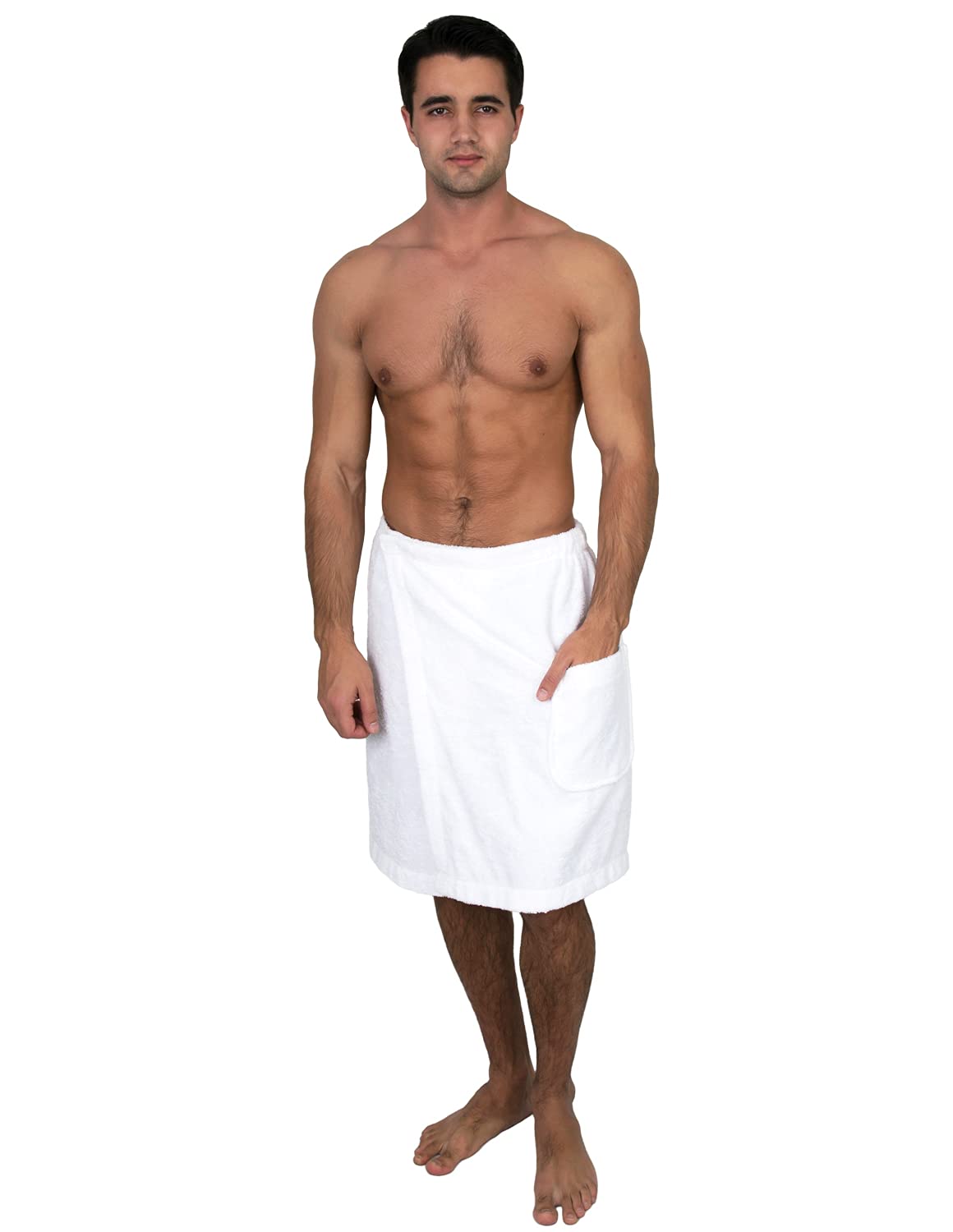 TowelSelections Mens Shower Wrap Adjustable Cotton Terry Bath Gym Cover Up with Snaps Small/Large White