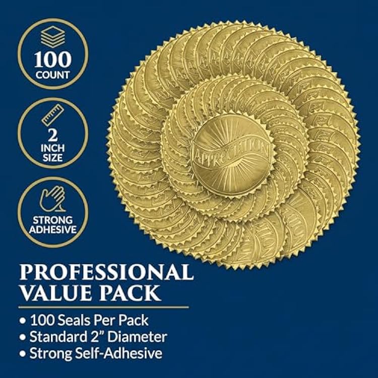 PaperDirect Appreciation Banner Embossed Gold Foil Certificate Seals, 2 Inch, Self Adhesive, 100 Count, Embossed Seals for Certificates, Achievement and Award Stickers for School, Work, Diploma