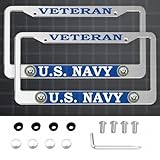 2 Pack Veteran License Plate Frames for U.S. Navy, Silver Universal Aluminum Front and Rear Retired License Plate Holder for Department of The Navy