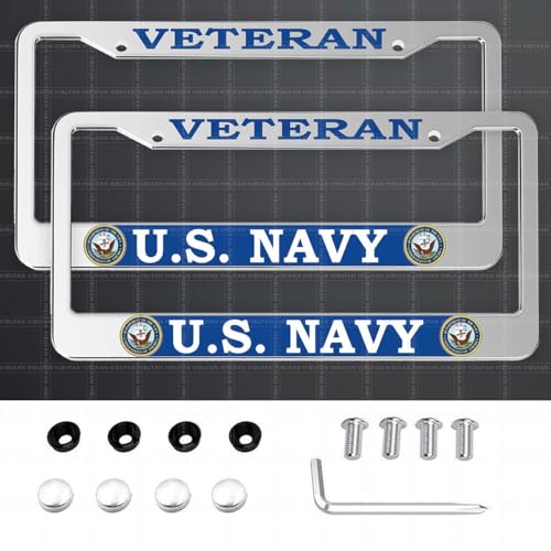 2 Pack Veteran License Plate Frames for U.S. Navy Silver Universal Aluminum Front and Rear Retired License Plate Holder for Department of The Navy