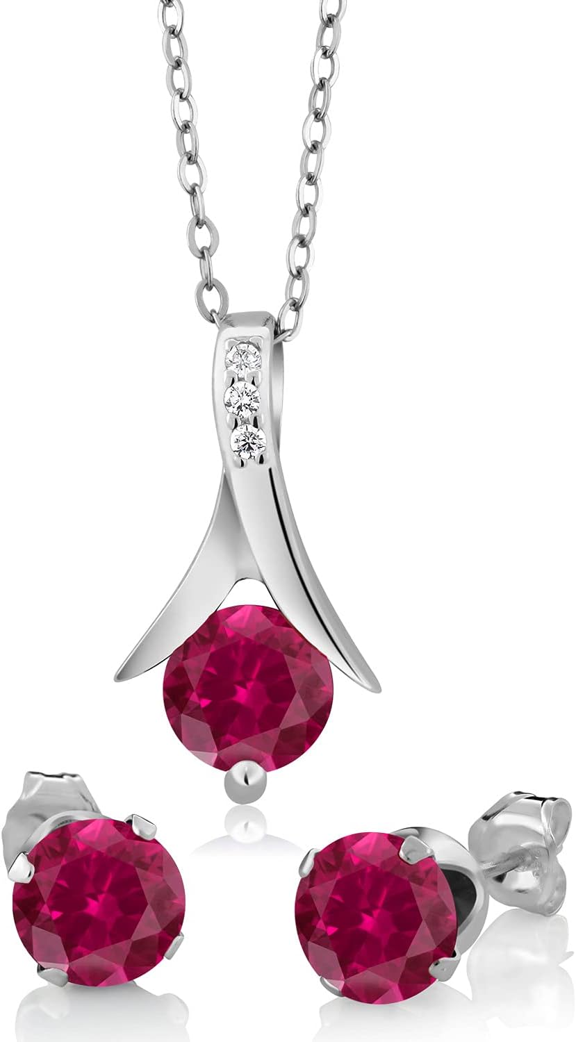 Gem Stone King 2.40 CTTW Created Ruby Pendant and Earrings Jewelry Set for Women | 925 Sterling Silver | 6MM Round Cut | 18 Inch Silver Chain | Fine Jewelry Gifts for Her, Mom, Women, Wife