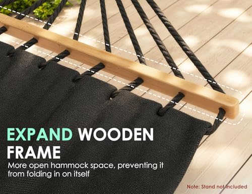 Angchiluo Hammock for Outside, Double Hammocks Without Stand, 2 Person, Spreader Wooden Bar, Side Storage, for Outdoor, Indoor, Patio (Black)