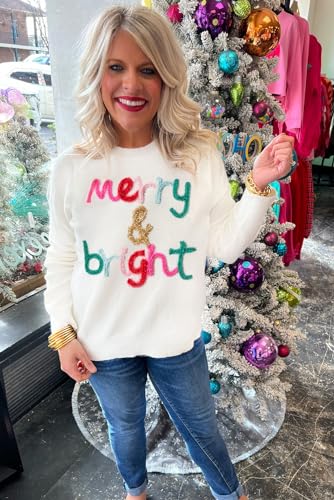 Marzxin Women 2024 Casual Holiday Sweaters Long Sleeve Round Neck Cable Knit Pullover Top Snow White Merry Bright M thumb #2