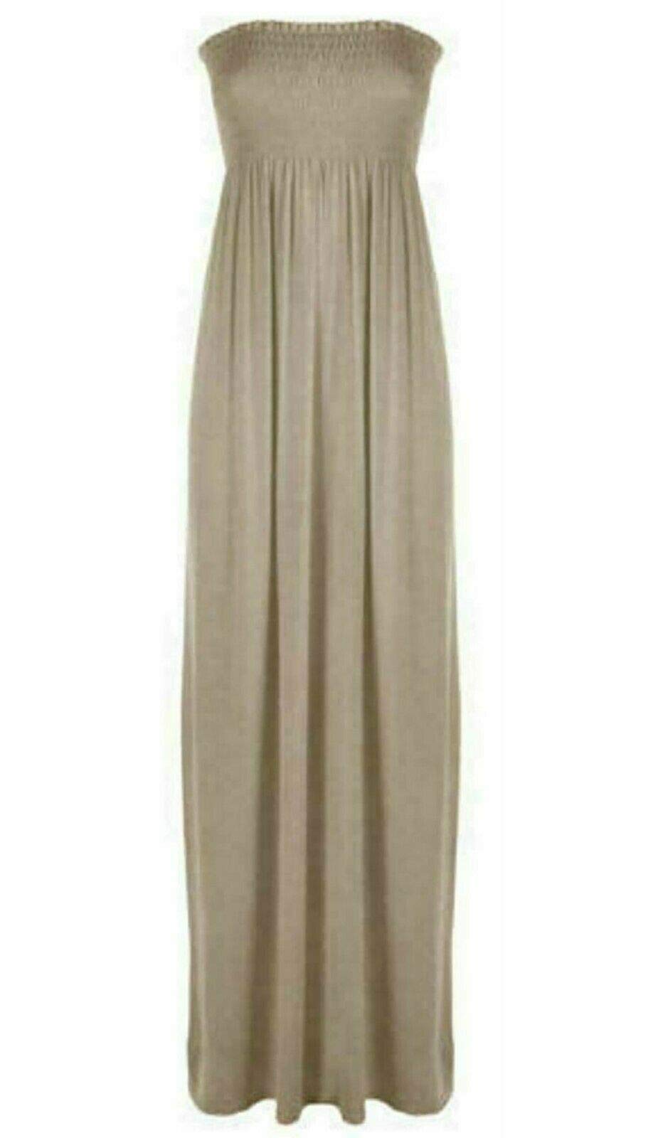 FAIRY TRENDZ LTD Womens Plain Shirred Bandeau Strapless Ladies Ruched Long Boob Tube Jersey Summer Maxi Dress Sheering Maxi Maxy(Mocha UK 20-22)