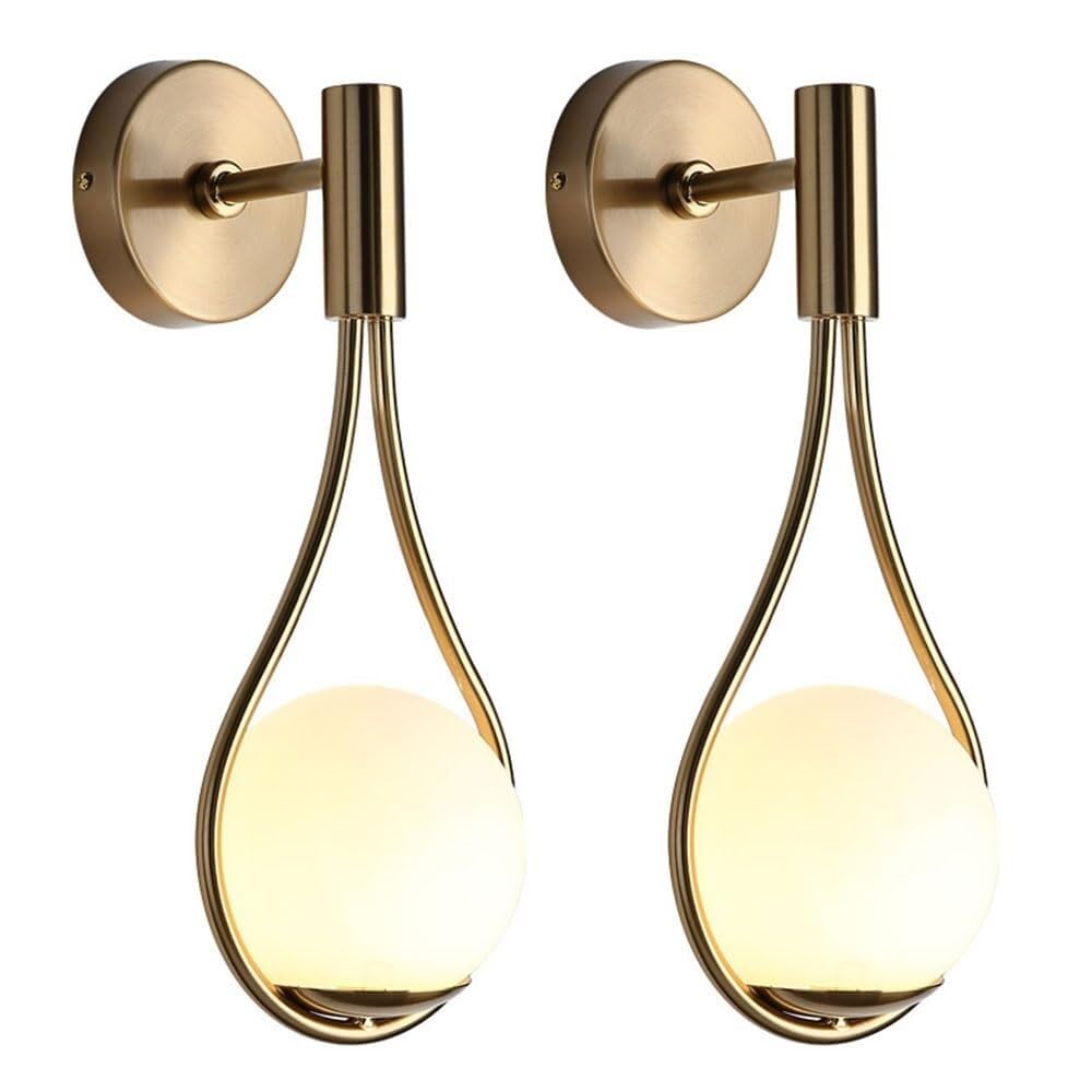 ZJHAHJY Indoor Globe Glass Wall Sconce, Mid Century Modern Drop Design Wall Mounted Light, Brushed Brass Gold Finish, Elegant Wall Lighting for Bedroom, Living Room, Hallway, Hotel(2PCS)