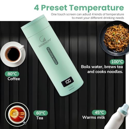 Image of Goodscity Portable Electric Kettle Travel Water Bottle For Boiling Hot Water Milk With Cool Touch Exterior, Auto Shut Off, 300W fast Heating, Leakproof, 1 Touch Screen, 500 Ml, Green, 1 year Warranty