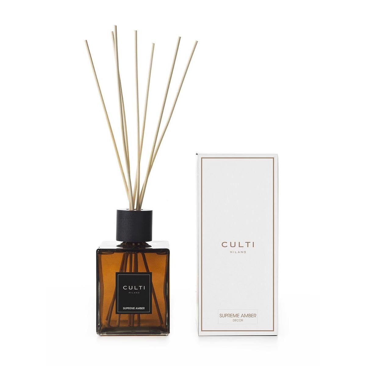 Culti Diffuseur de bâtonnets Decor 1000 ML Milan | Parfum Supreme Amber, à l'encens, benzoino, Patchouli, Vanille Noire, Note de cisto et chinotto. - Durée 3 Mois - Mètre de 10 à 20 m²