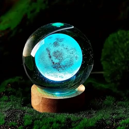 Image of 3D Crystal Ball Lamp with 16 Colors Changing LED Wooden Base - Solar System Night Light, Galaxy Lamps, Galaxy Crystal Ball Light with USB (16 Color Moon)