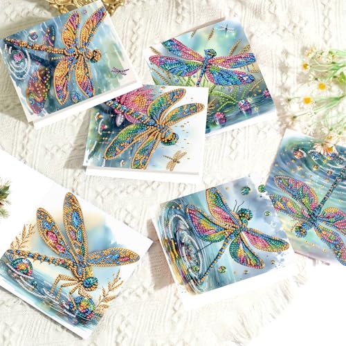 Image of 6 Pcs 5D Diamond Painting Greeting Cards Kits Dragonfly, Handmade Festival Greeting Cards with Envelopes DIY Diamond Art Crafts Birthday Cards Shimmer Design for Birthdays Holidays (30x15cm)