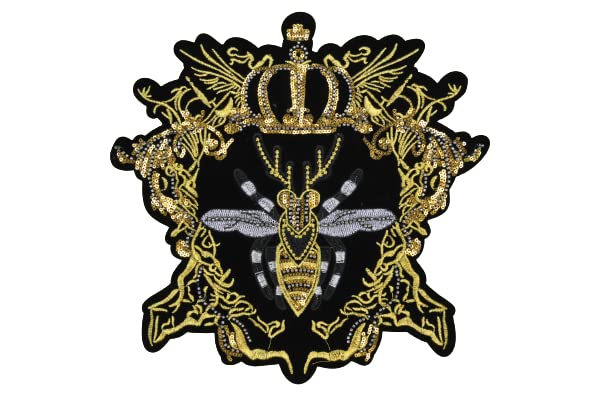 Ani Accessories Unisex Sew On Patch Golden and Black (8 x 8 inches) Sequins bee King Embroidery Stitching Patches Patch for Clothes,Jacket,Pants,Bag & DIY. (Big)
