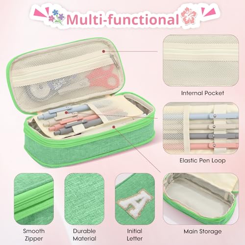 Image of Preppy Pencil Case for School Supplies, Large Initial Pencil Pouch with Zipper, Cute Pencil Bag for Office Supplies, Aesthetic Pen Case Box for Kids Teen Girls Women - G(Green)