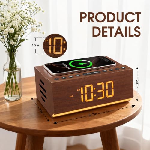 Hoifen Wooden Digital Alarm Clock, Wireless Charging & Bluetooth Speaker - Image 3