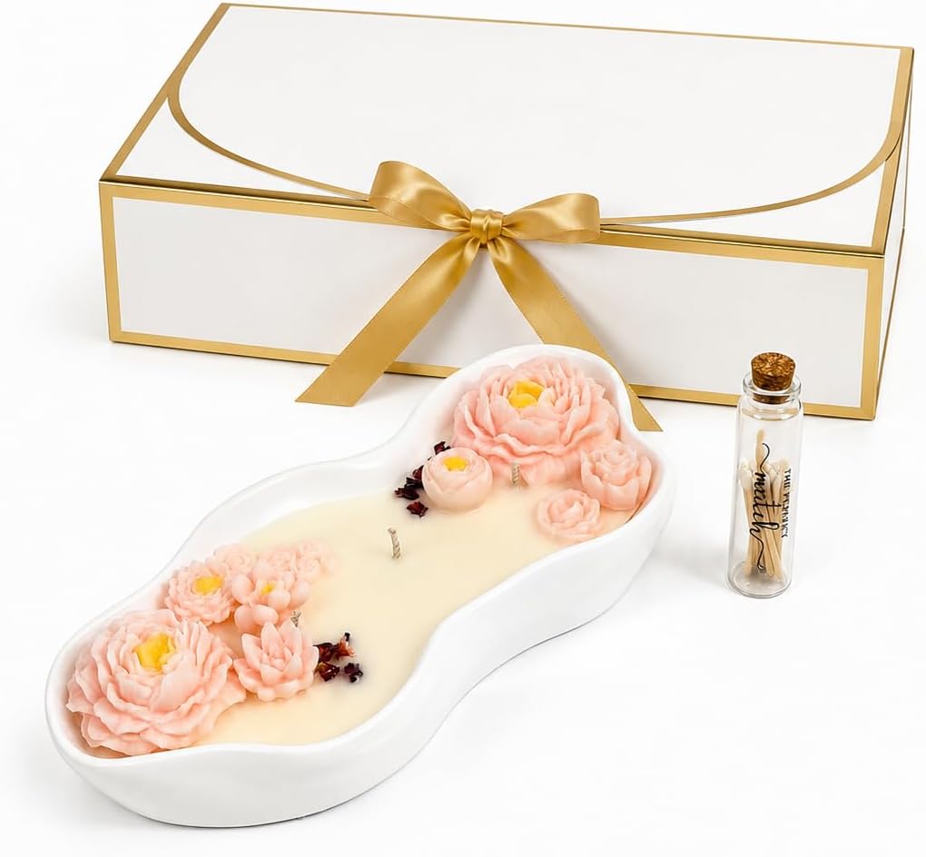 Luxury Rose Oud 3-Wick Candle in White Resin Tray, Pink Peony Floral Design, Gift Box & Matches Included, Elegant Home Décor Gift for Women, Birthdays, Weddings & Housewarming