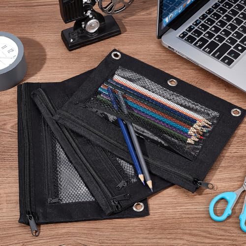 CRASPIRE 3Pcs Zippered Pencil Pouches for 3 Ring Binder Black Pen Case Cloth Zipper Pencil Pouch Case for Binder Zipper Pencil Bag for School Office Supplies Writing Utensils - Image 4