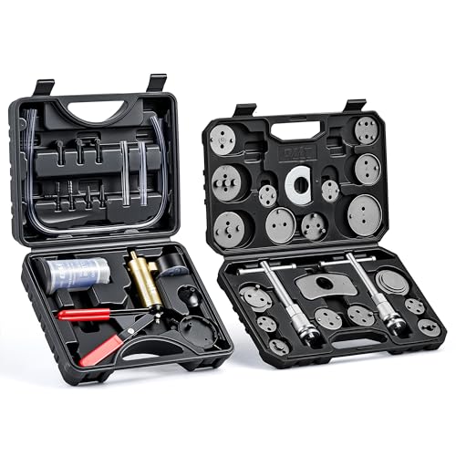 Orion Motor Tech 2 in 1 Brake Caliper Compression Tool & Brake Bleeder Kit, Handheld Vacuum Pump Brake Bleeder Tool Set, Disc Brake Pad Service Tool with Thrust Bolt Retaining Plates & 18 Adapters