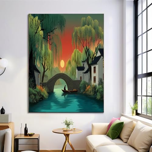 ANALTIRCE Arte de pared Chino Arquitectura Ilustración Sobre Lienzo, Póster Estético con Puente Piedra Velero Sol Rojo, Moderno Salón Dormitorio Decoración Póster Pintura No Enmarcado, 80×120 cm