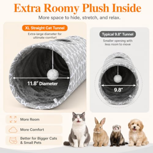 Image of Geometric Straight Cat Tunnel with Plush Inside,Cats Toys Collapsible Tunnel Tube with Balls, for Rabbits, Kittens, Ferrets,Puppy,Diameter 11.8 Inch