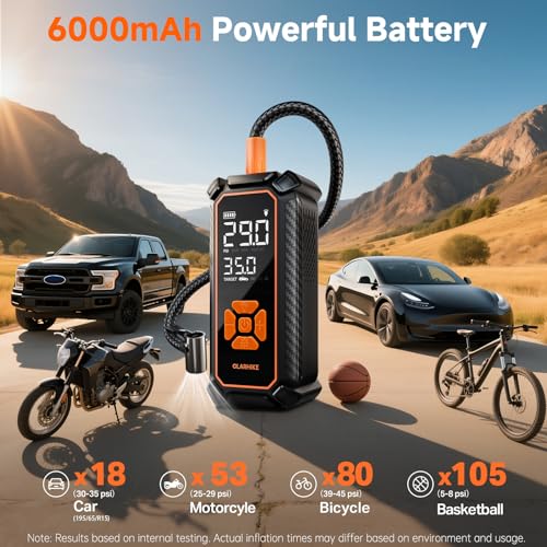Image of OlarHike Tire Inflator Portable Air Compressor, Dual Power - 6000mAh & 12V DC, Cordless Air Pump for Car Tires, Bikes, Motorcycle, Balls with LED & Digital Pressure Gauge, Auto Shut-off