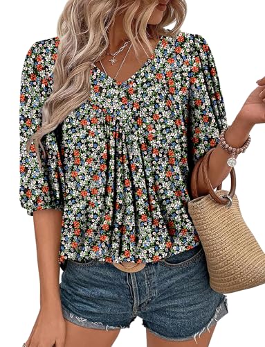 Magritta Womens Puff Half Sleeve Tunic Tops Summer Casual V Neck T-Shirts Loose Pullover White Garden X-Large