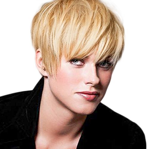 Topwigy Womens Short Human Hair Stylish Cool Straight Mixed Human Hair Gold Natural Replacement Wigs+ Wig Cap