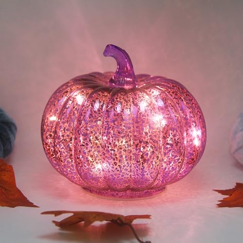 CFDECOR Mercury Glass Pumpkin Light with Timer, with 10 Fairy Lights Inside,Battery Operated Led Pumpkin Light,Ideal for Halloween Fall Decoration, Thanksgiving Rustic Decor, Xmas Decor (Purple)