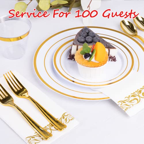 700 Piece Dinnerware Set For 100 Guests, Plastic Plates Disposable For Party, Include: 200 Gold Rim Plastic Plates, 100 Paper Napkins, 100 Cups, 100 Gold Plastic Silverware Set #TOP4