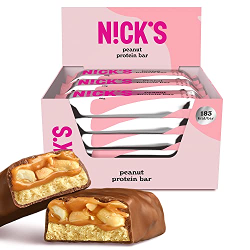 NICKS Low carb Protein Riegel Erdnüsse | 15g Eiweiß | 183 Kalorien | Keto Proteinriegel Peanut Schokolade Snacks ohne Zuckerzusatz Glutenfrei (12 Eiweißriegel x 50g) Cover