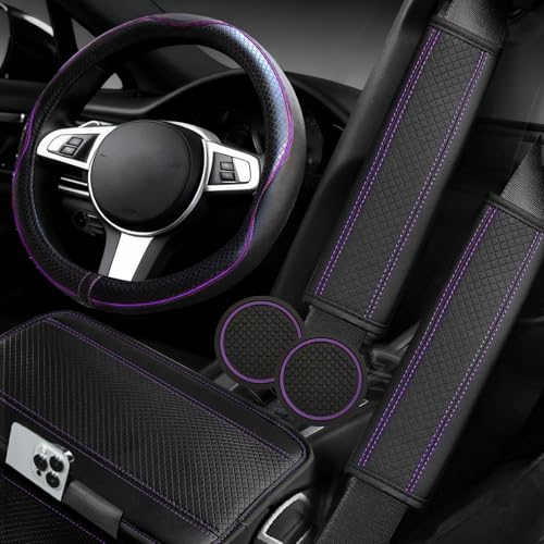 NBTEPEM 6 PCS Car Steering Wheel Cover Set Microfiber Leather Steering Wheel Covers Universal 14.5-15 inch Center Console Cover Seat Belt Cushion Cup Holder Coaster Car Accessories Set Purple