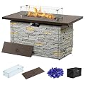 PIZZELLO 43 Inch Propane Fire Pit Table Outdoor Stone Firepit Table Rectangular 50000 BTU Propane Fire Tables for Outside Patio with Wind Guard, Table Lid, Fire Beads, Cover,Pizzello Caldo (Gray)