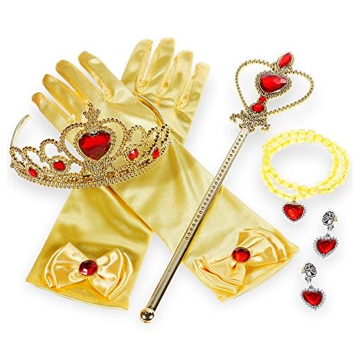 Faburo 5pcs Princesa Vestir Accesorios es Corona imperial dorada Princesa belle amarillo Vestir Accesorios Tiara,Varita Mágica,Guantes y collar