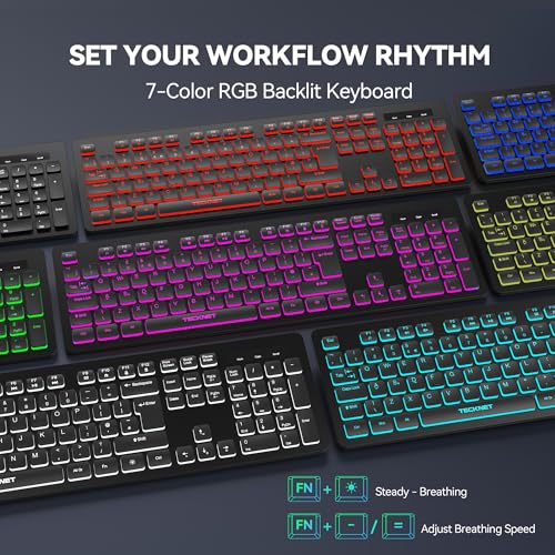 TECKNET Wired USB Keyboard, Backlit 7-Colors & Adjustable Brightness,Full-Size Keyboard with Numeric Keypad, Spill-Resistant Design, QWERTY UK Layout, Compatible with PC Laptop Desktop Windows - Image 3