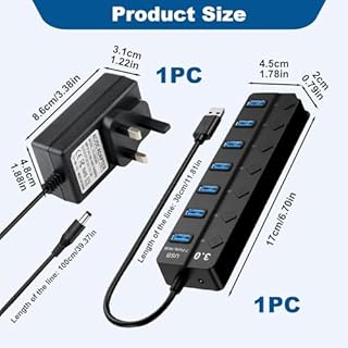 USB 3.0 Hub Powered 7-Port Splitter with 5V 3A Power Supply Adapter with Individual On/Off LED Switches and Lights Extension Splitter AC to DC 5V Cable for Windows, Apple MacBook, PC Laptop and More