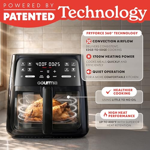 Image of Gourmia Air fryer with 8 litres, 8 preset settings with digital display, FryForce 360 technology, easily visible window and interior light, basket suitable for