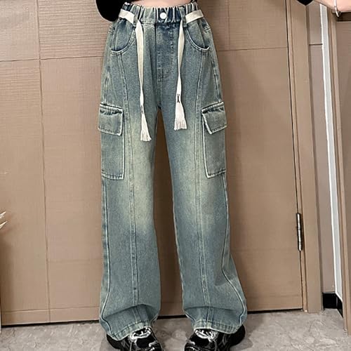 Girls Cargo Jeans Baggy Wide Leg Elastic Waist Denim Pants 𝗩intage Streetwear Trousers with Multi-Pocket2