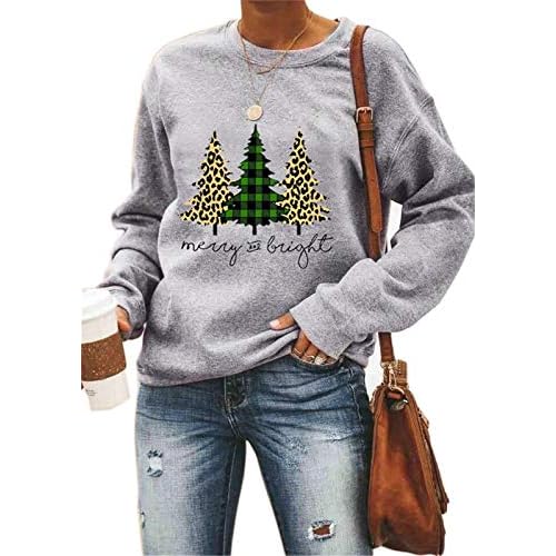 Fuyxxmer Womens Leopard Printed Plaid Trees Christmas Sweatshirt Long Sleeve Lightweight Pullover Tops Blouse Grey04 Large