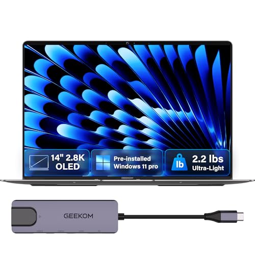 Image of GEEKOM GeekBook X14 Pro Laptop, 2.2lbs Ultra Thin 14 inch 2.8K OLED Laptop Computer, Ultra 5 125H, 32GB LPDDR5x 7500MHz RAM 1TB SSD, Up to 16 Hour, 2X USB4, Fingerprint, Hub, Copilot, Windows 11 Pro