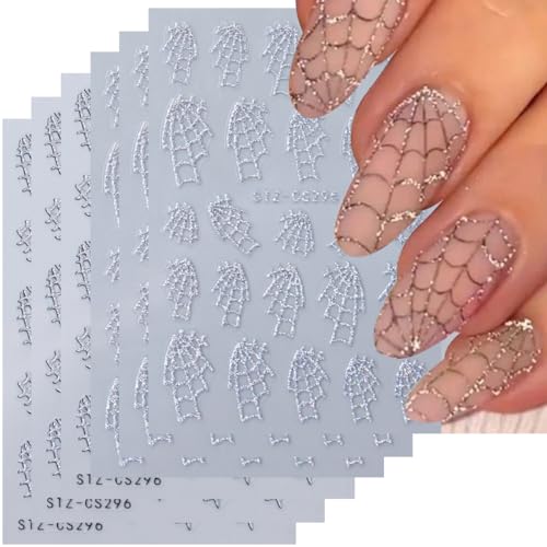 6 Sheets Halloween Nail Stickers for Nail Art Holographic Silver Glitter Spider Web Shiny Self-Adhesive Nail Decals Nails Supplies Nail Art Design for Women DIY Manicure Decoration Accessories