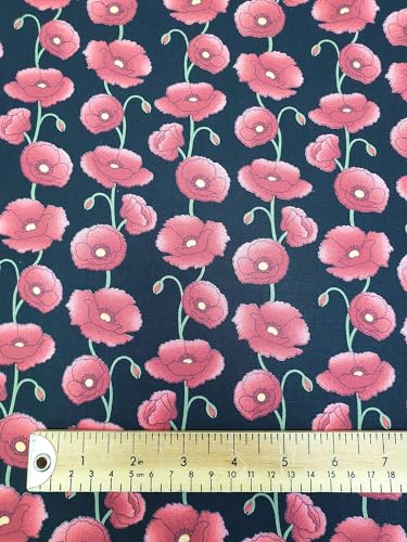 Oddies CPO460BLA - Tessuto in popeline di cotone al 100% con stampa di papaveri rossi su sfondo nero