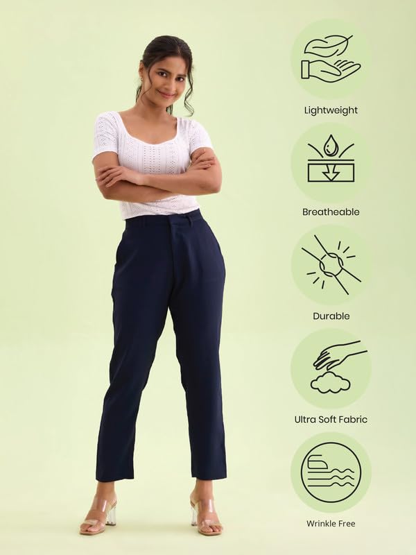Image of GO COLORS Solid Formal Crepe Pants for Women | Mid Rise, Side Pocket