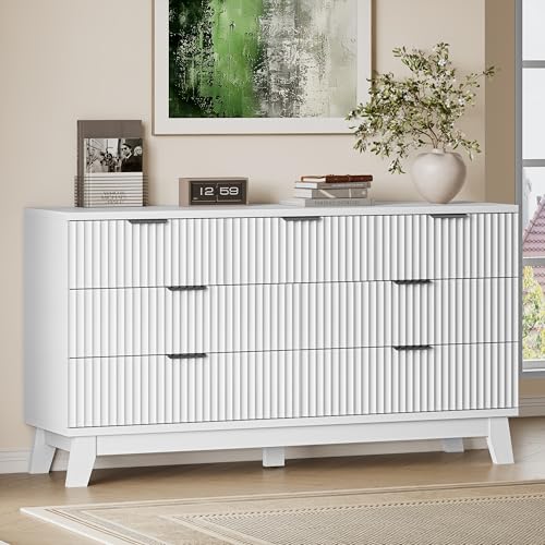 Image of BORNOON 57 inch Long Dresser for Bedroom, 7-Drawer Fluted Chest, Wide Wood Storage Dresser with Metal Slides and Handles, Stable Base, Modern Clothes Organizer for Primary Suite, Guest Room, Nursery