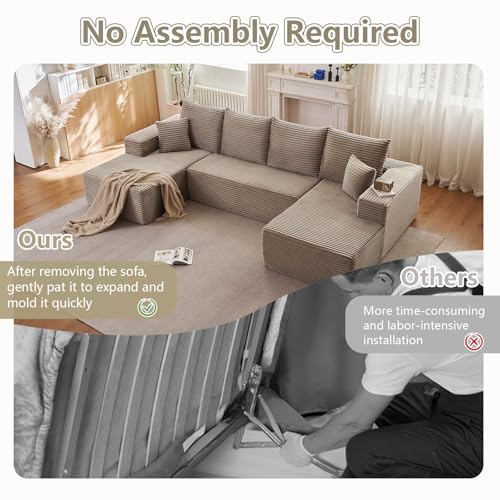 Image of Sectional Cloud Couch for Living Room, Stupendous U Shaped Sofas, Modular Floor Deep-Seat Sofa, Big Comfy Corduroy Couches Set with Fluffy Memory Foam, No Assembly Required, Camel