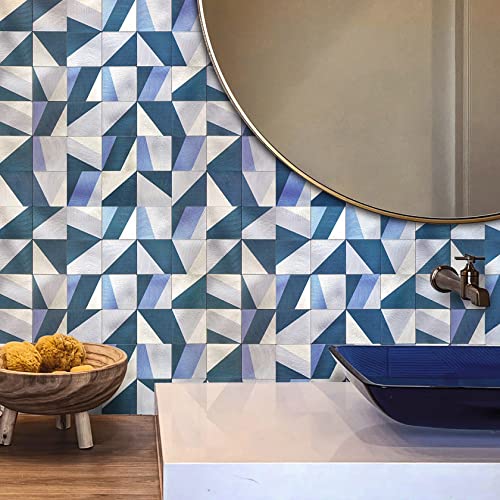 Tenashome Metal Backsplash Peel And Stick Tile Stick On Kitchen Bathroom Fireplace 3D Geometric Puzzle In Bluesilver,5-Sheets #TOP7