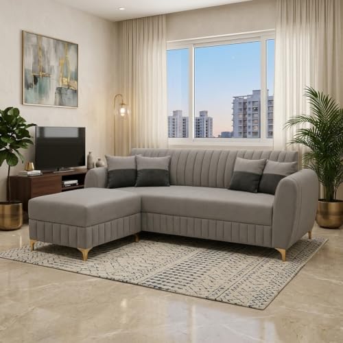 Image of CASASTYLE Signature Velour 4-Seater L-Shape Sofa Set with Movable Ottoman | Flexible LHS /RHS Layout | Boston Matte Fabric | 40D Foam + Zigzag Spring | 3-Yr Warranty (Light Grey)