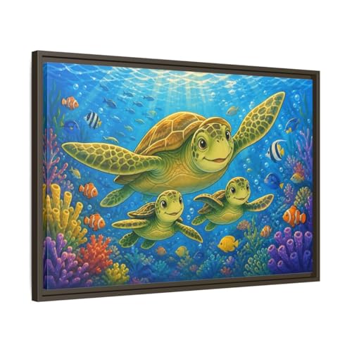 Toile tortue de mer grand format 75x50 cm | Cadre bois expresso déco océan