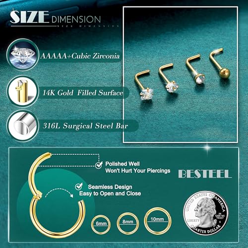18G Nose Rings Hoops and 20G Nose Studs for Women Men -Hypoallergenic 316L Surgical Stainless Steel Clicker Hinged Segment Ball CZ Simulated Diamond Nostril Piercings Jewelry 15Pcs3