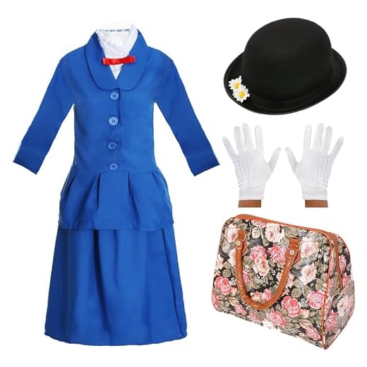 DISFRAZ DE NIÑERA VICTORIANA MÁGICA PARA NIÑAS. PERSONAJE DEL DÍA MUNDIAL DEL LIBRO / SEMANA DEL LIBRO. CHAQUETA + FALDA + SOMBRERO DE MARGARITA + GUANTES + BOLSO DE CUERO FALSO (GRANDE)