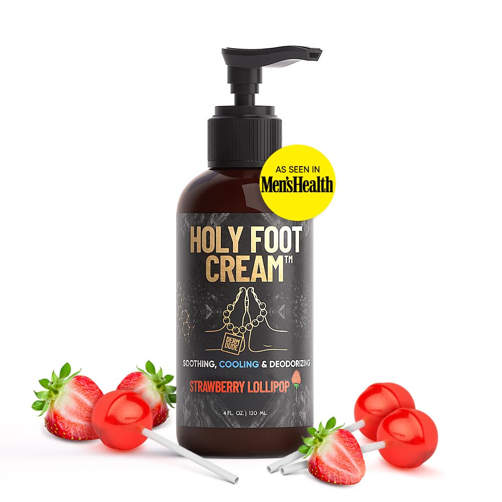 Derm Dude Holy Foot Cream | Daily Moisturizing Foot Cream with DeoPlex for Freshness & Arrowroot for Lightweight Hydration | Strawberry Lollipop Scent 4oz