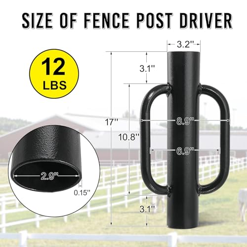 Fumingpal T Post Driver - 12LB Fence Post Driver Heavy Duty Hand Post Pounder with Handle Black Steel Rammer for U Fence Post Wooden Post Hole Diggers