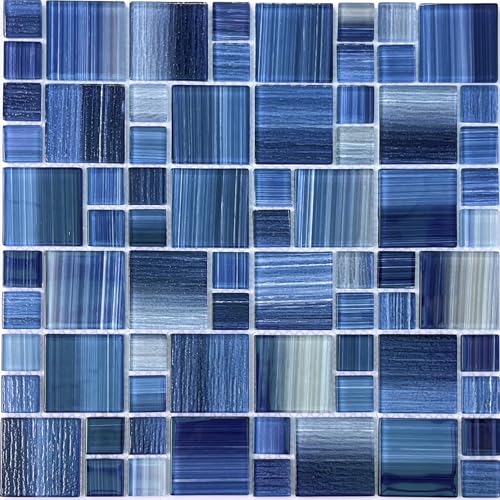 Glass Mosaic Tile Hand-Painted 12X12 Ocean Blue Glossy &Textured Resistant Fading and Scratch for Pool Tiles Kitchen Backsplash Bathroom Shower Waterline Fountain Spa (5 Sheets 5 Sq.Ft.)